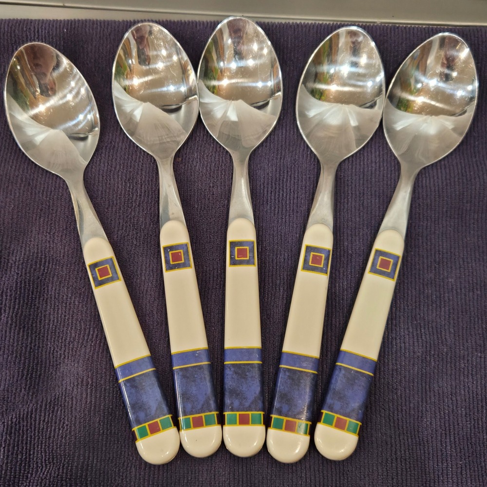 Pfaltzgraff Atalya Stainless Tablespoons Colbalt/Cream Geometric Set/5 Vintage